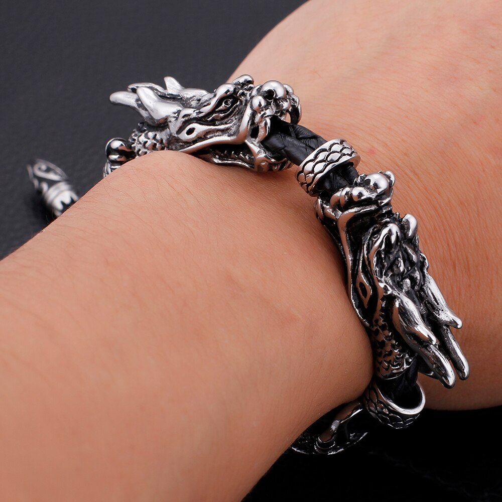 Classic Braided Leather Bracelet Male Stainless Steel Rocker Double Dragon Mens Bracelets Adjustable Wrap Bracelet Man Jewelry