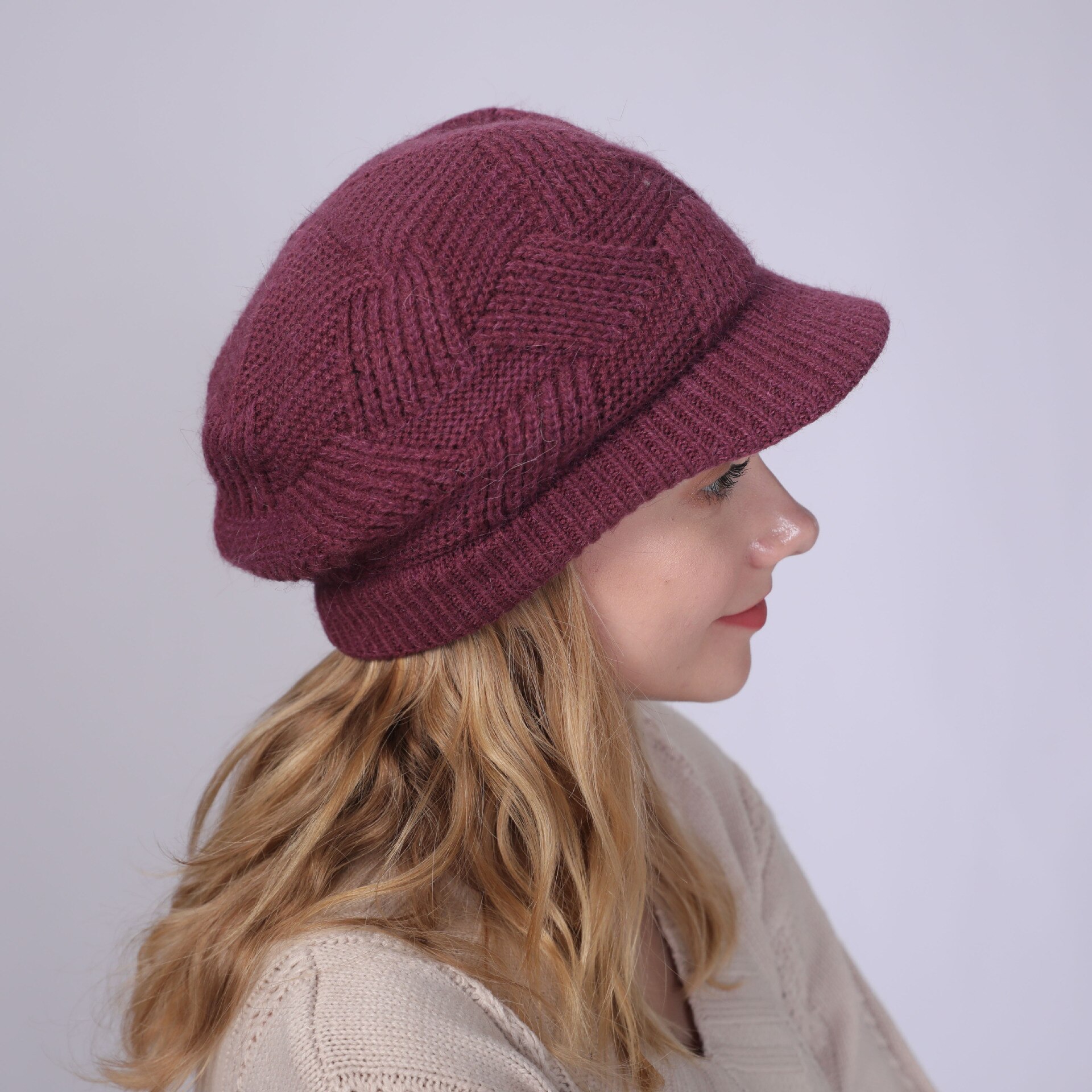 Women Winter Warmer Solid Color Crochet Hat Cap Peaked Visor Brim Slouchy Beret Knitted Hats: 10