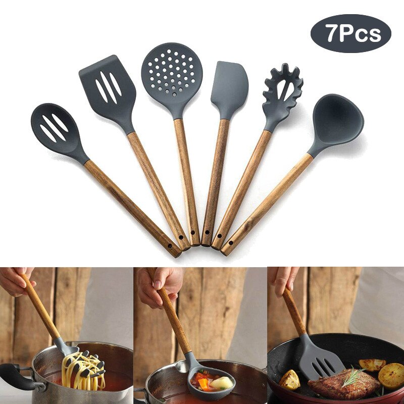 7PCS Silicone Spatulas Cooking Utensils sets Wooden Handle Non-Stick Spatula Spoon Colander Kitchen Cooking Tools Gadget BS