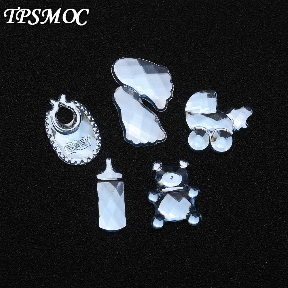 Babero de osito de peluche de estilo Pram, aplicación de diamantes de imitación acrílicos, decoración de , recuerdo de Baby Shower, dispersión de mesa, 100 Uds.: Mix Shape 100pcs