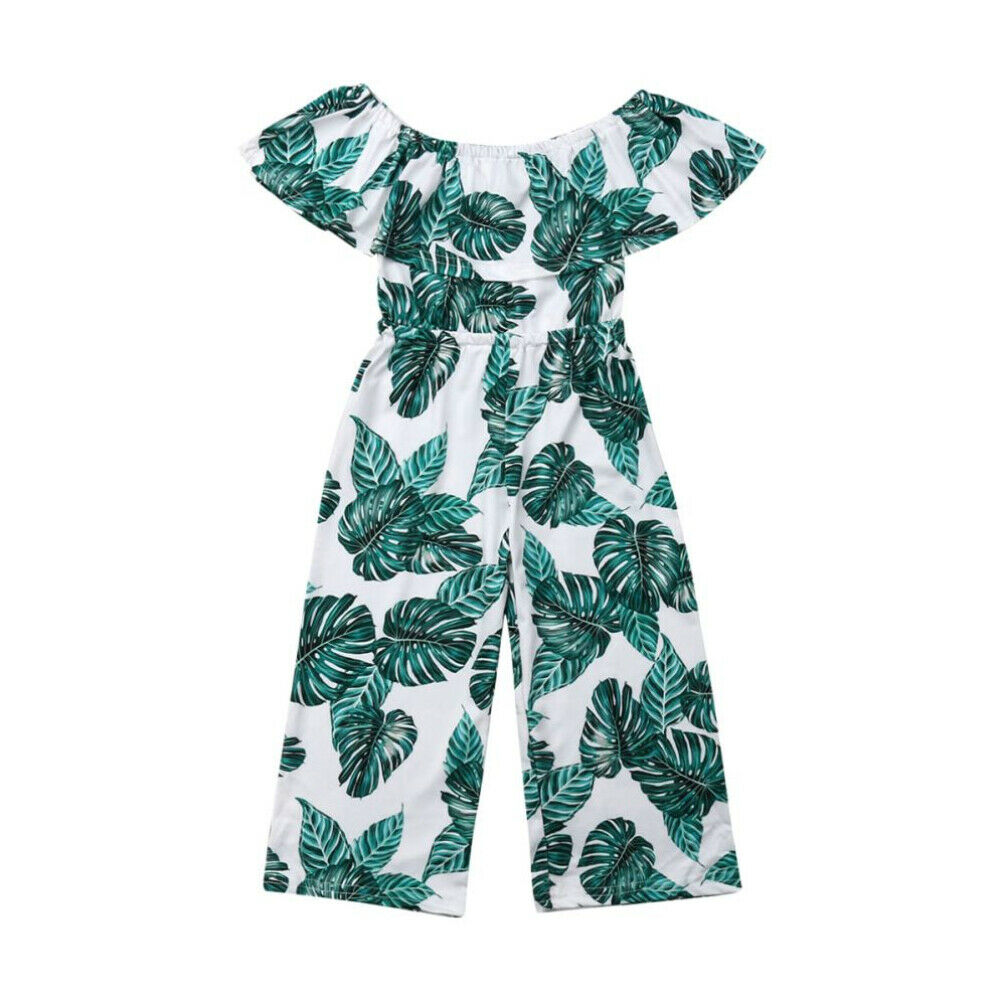 Toddler kid baby pige sommer off-shoulder tøj barn blomst grøn blad udskrivning jumpsuit overalls tøj