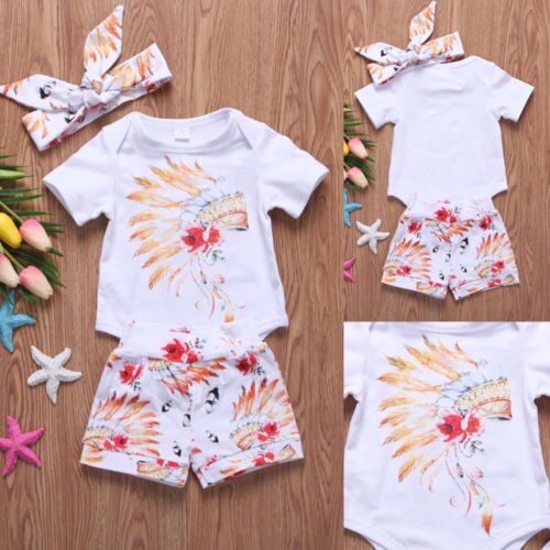 3pcs Newborn Baby Boy Girls Clothes Gypsy Feathers Print Romper+Shorts Pants Headband Baby Outfits Set