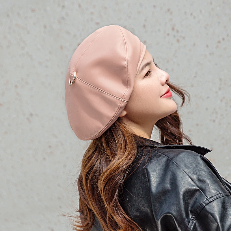 USPOP Neue frauen Baskenmützen weichen pu baskenmütze weibliche eisen ringe Baskenmützen Winter Hütte
