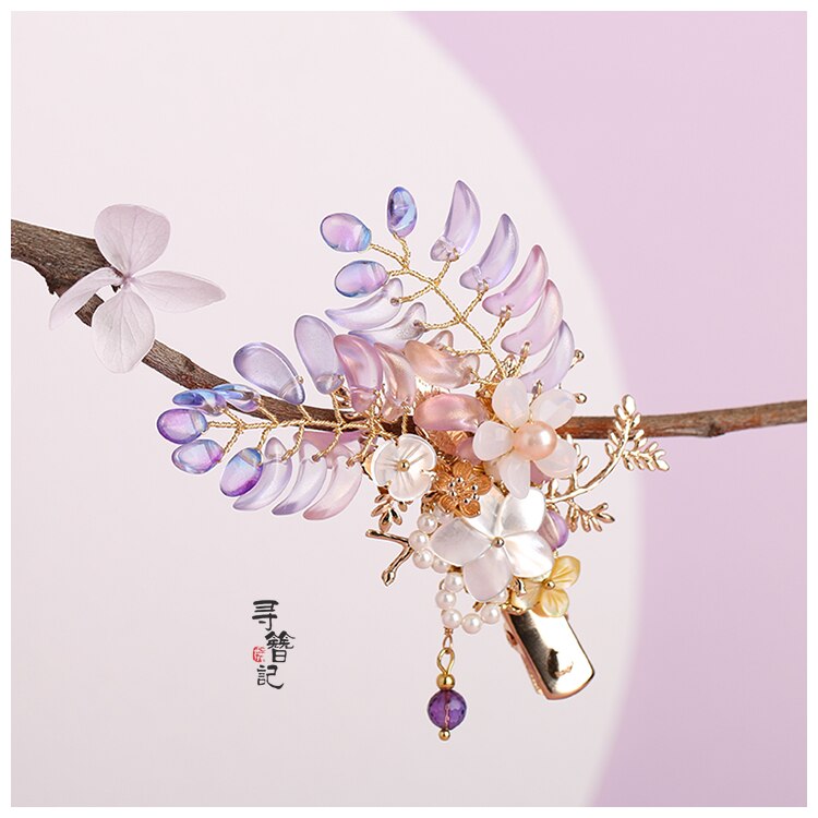 Handmade Wisteria flower Hair Clip Kanzashi Hair accessories Hanfu headdress Ancient style Pearl Hairpin Gradient Duckbill clip