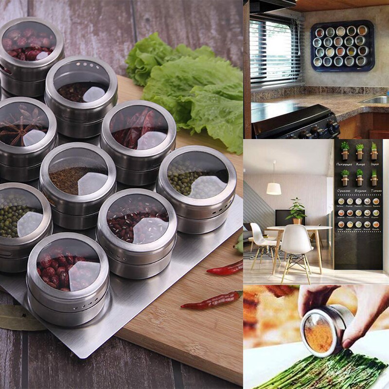 6/9/12 Pieces Magnetic Spice Jars Stainless Steel Salt Tins Pepper Shakers Spice Jar Rack Organizers Container With Base Labels