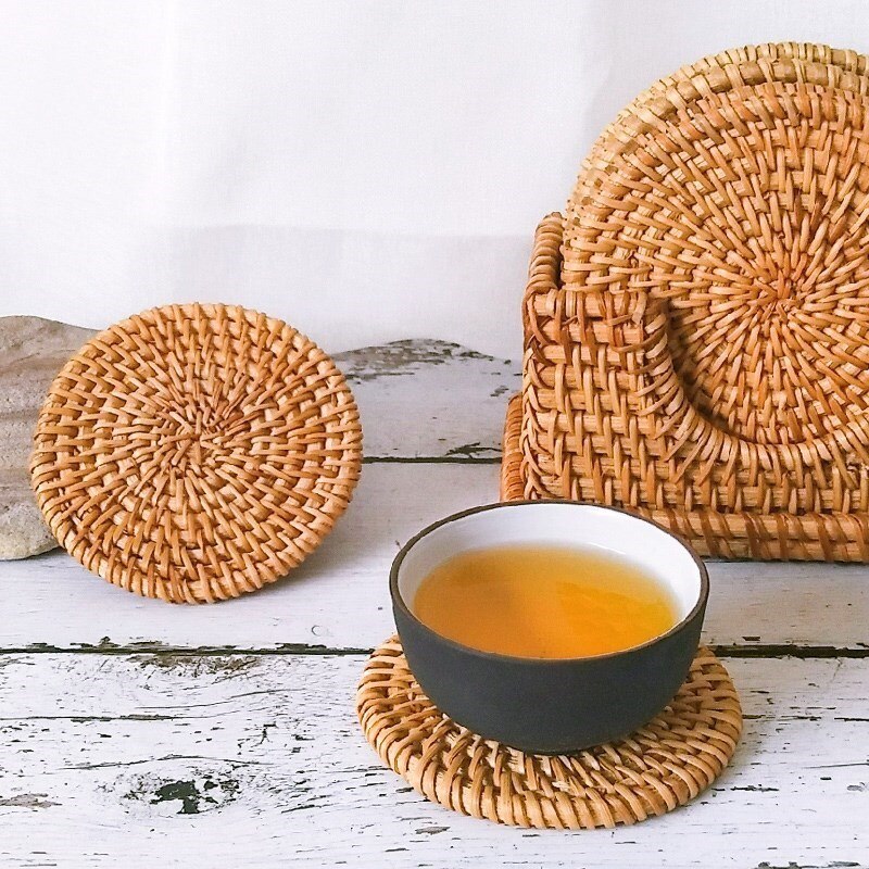 Tapis rond en rotin naturel pour tasse de thé, napperons thermo-isolants tissés à la main, rembourrage de Table, accessoires de décoration de cuisine
