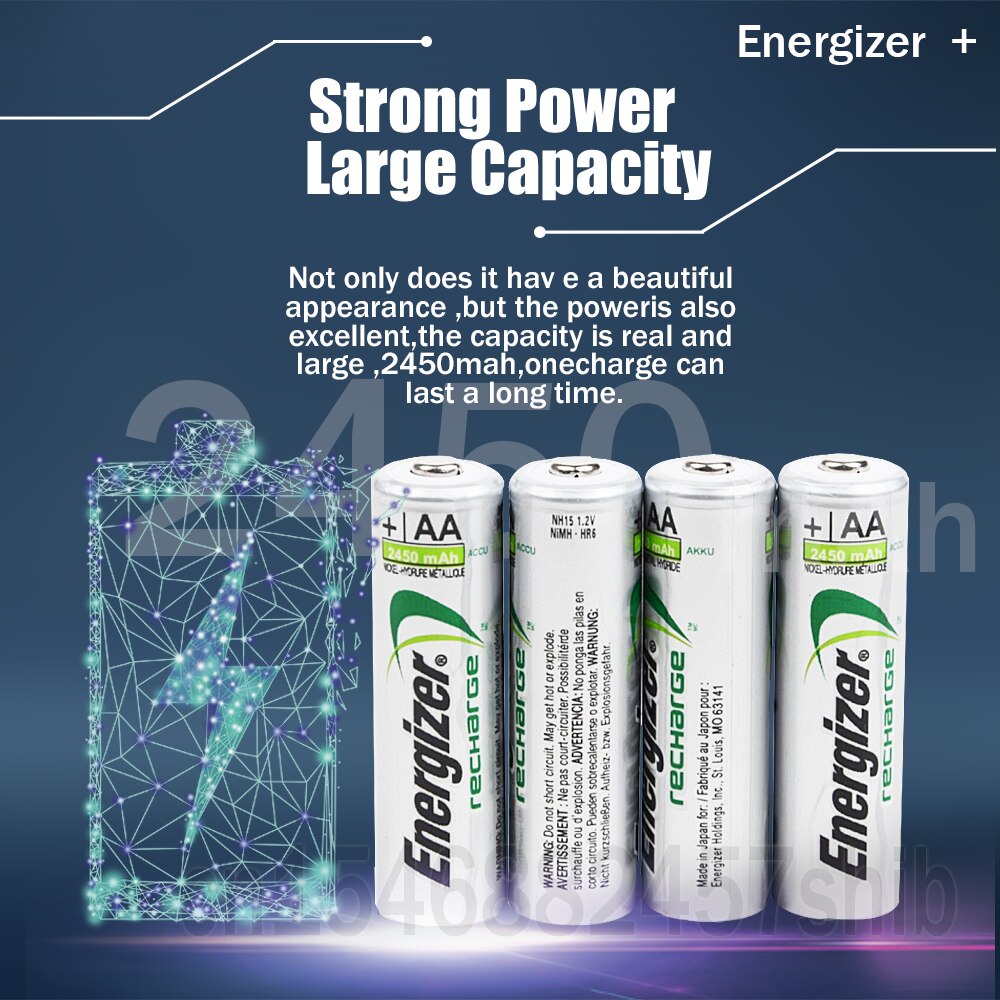 1-2pcs Energizer 1.2V 2450mAh AA NI-MH Rechargeable Battery For Toy Flashlight Camera Remote Control Pre-charged 2A AA Batteries