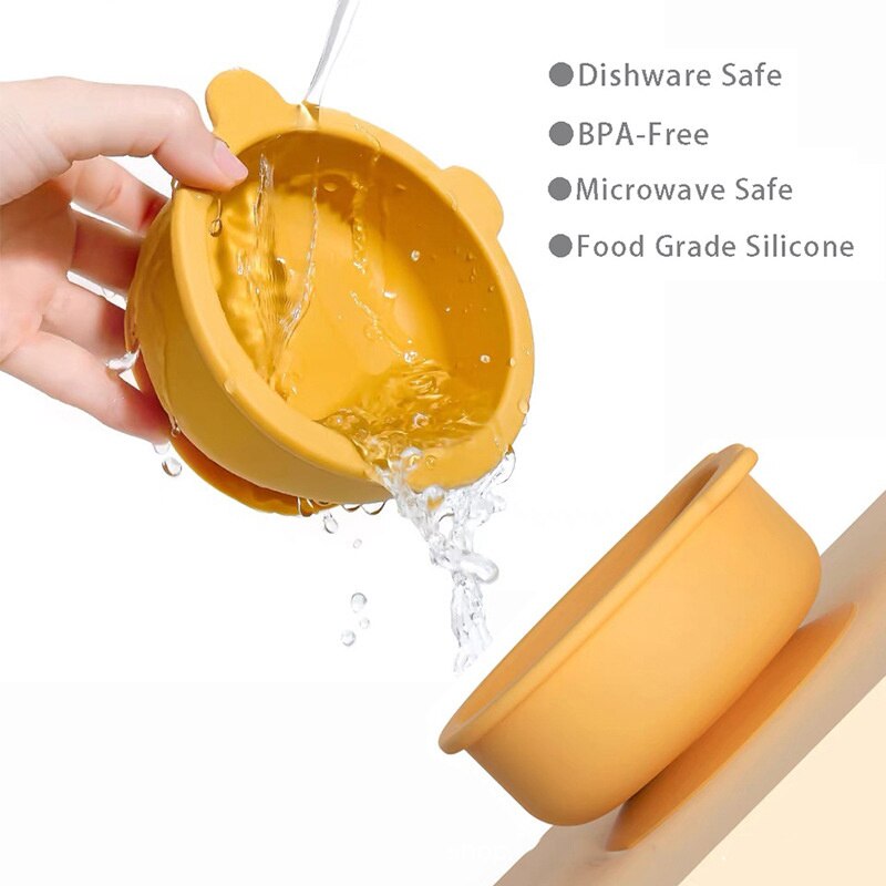 Suction Cup Baby Dishes BPA Free Silicone Baby Feeding Bowl Kids Tableware Non-Slip Infant Food Plate Kids Training Spoon Fork