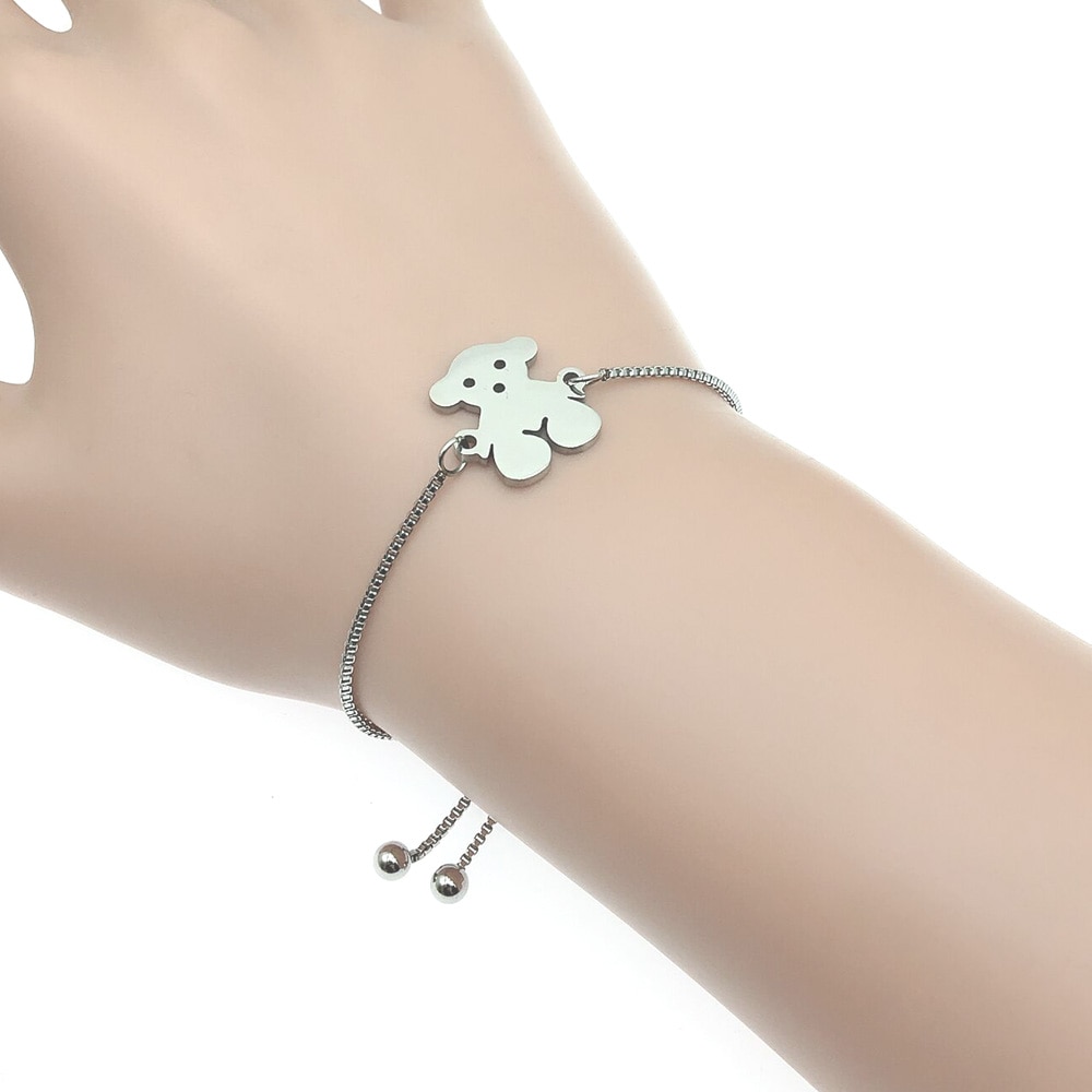 Bear Charm Stainless Steel Bracelet Slide Adjustable Chain Bracelet For Women Jewelry