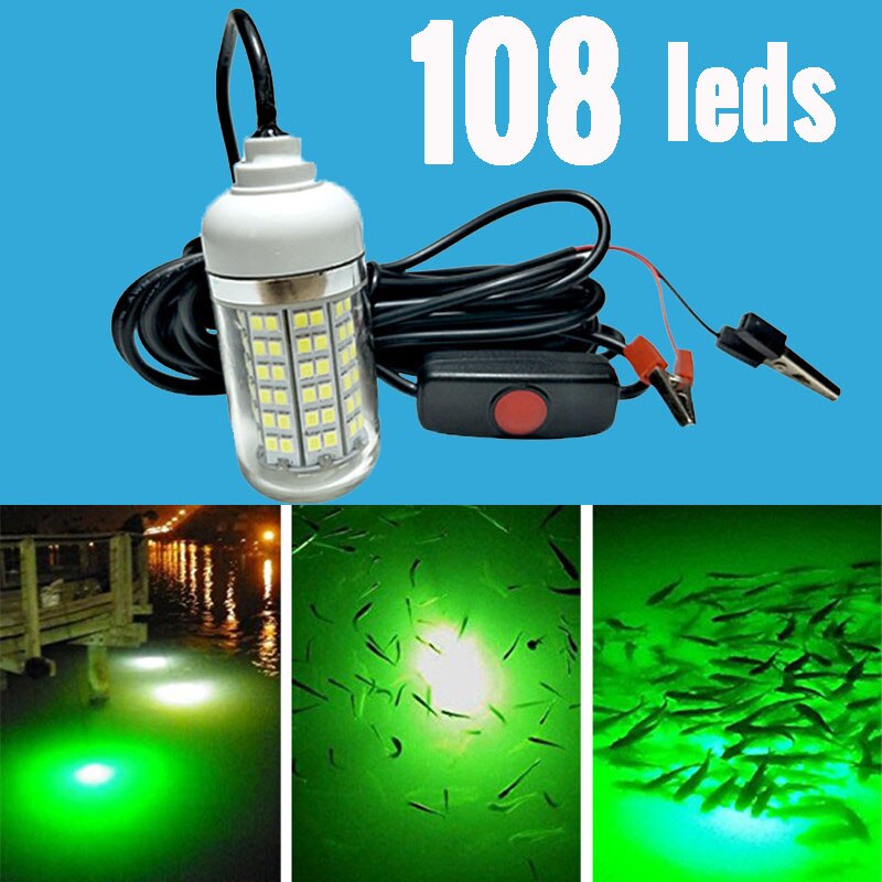 Luz LED de pesca de 12V CC, luz LED de 15W para pesca subacuática, cebos sumergibles, lámpara para barco, luces para atraer peces, verde, blanco y azul
