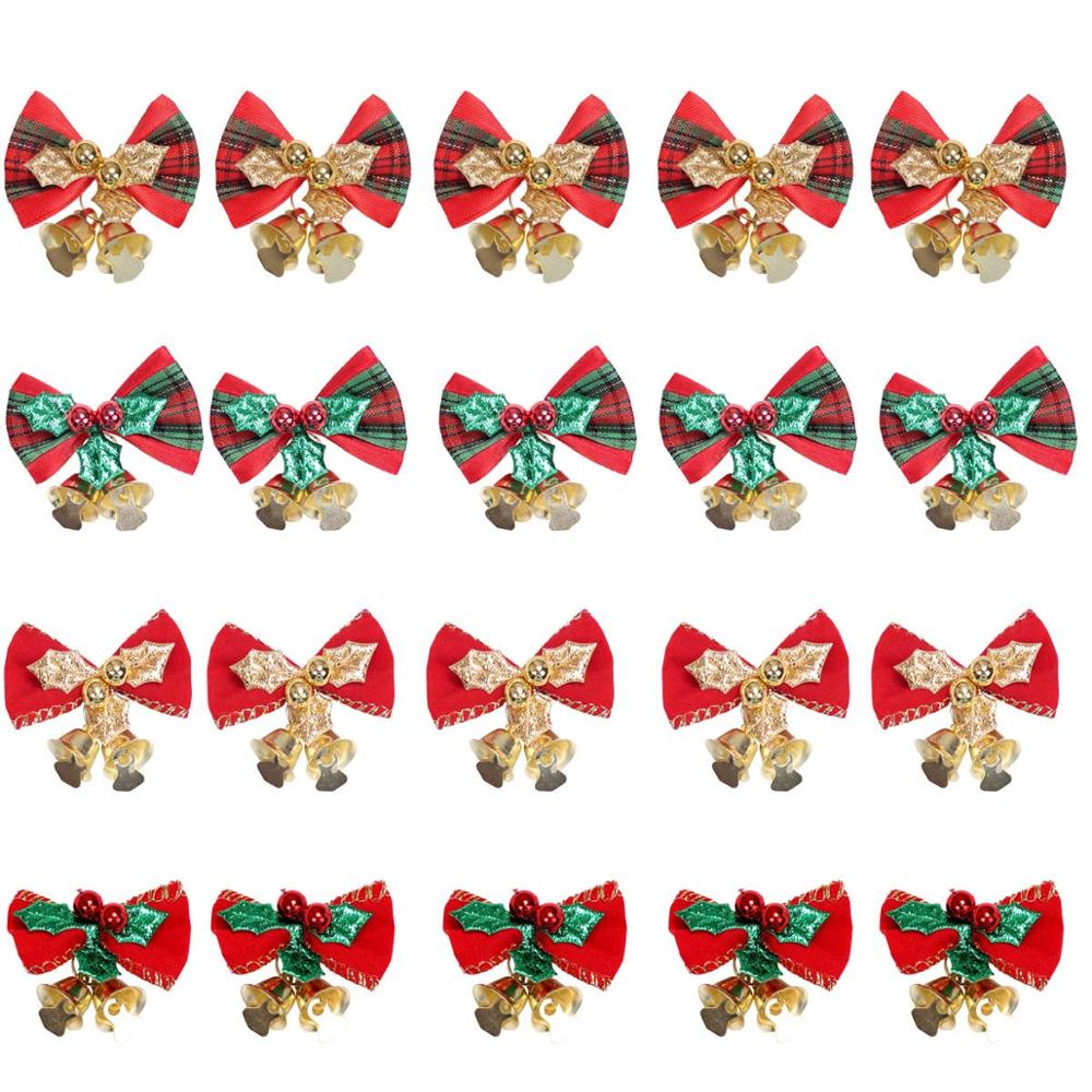 Christmas Tree Decorations - 20 Pack of Christmas Ribbon Bows with Iron Bells for Christmas Tree Ornaments Xmas Decoration