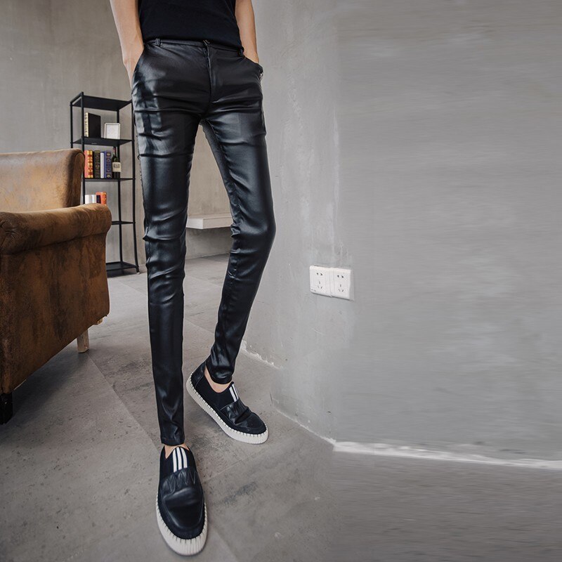 Pantalones de cuero pitillo góticos para hombre, pantalones pitillo elásticos ajustados con efecto Push Up, ropa de calle Punk, pantalones negros de