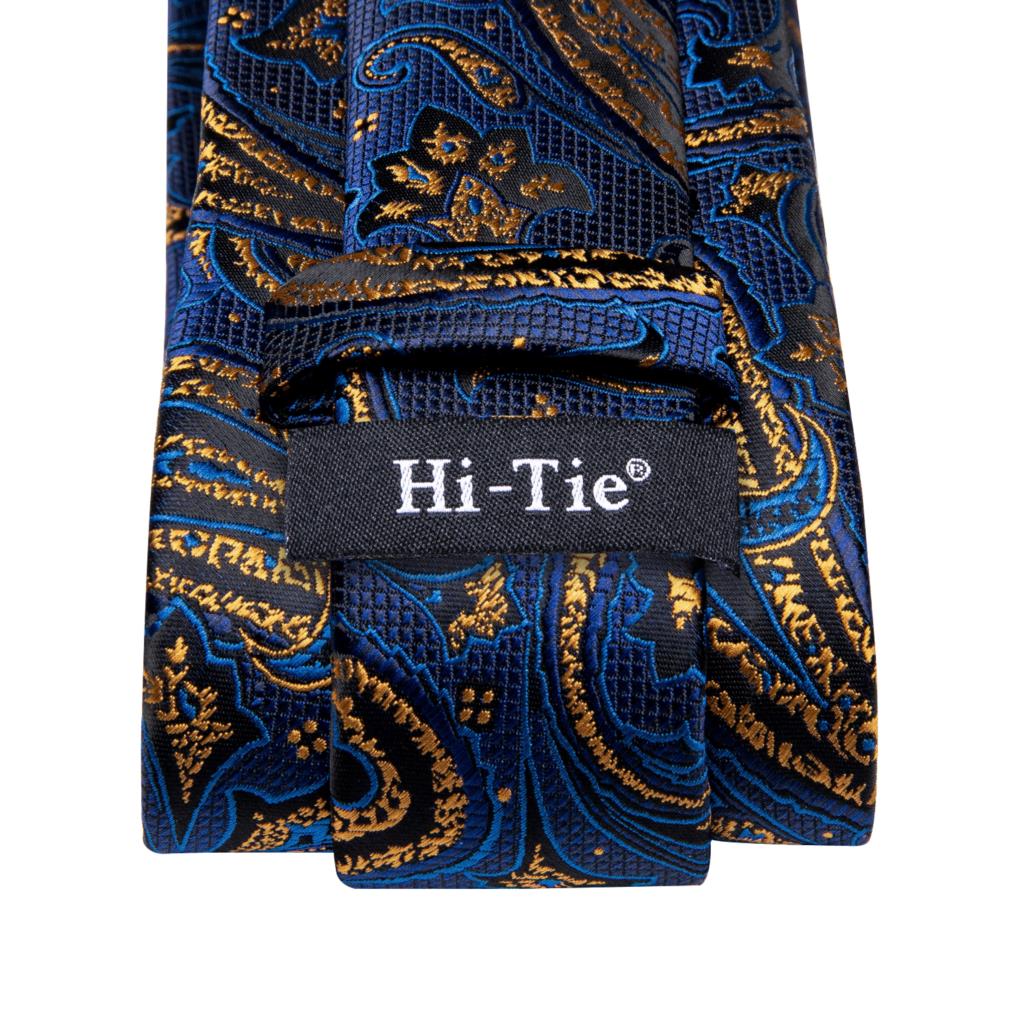 Business Navy Blue Gold Paisley Silk Wedding Tie For Men Handky Cufflink Mens Necktie Party Hi-Tie