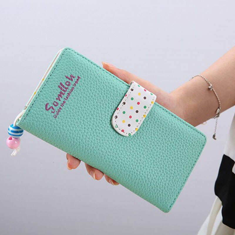 Small Wallet Women Short Luxury Brand Cute Female Purse PU Leather Dot Girls Lady Zipper Wallets Card Holder Bags: Green Long