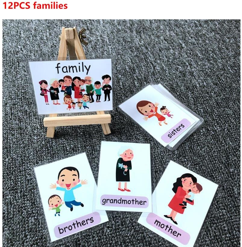 Bambini Montessori Baby impara l&#39;inglese Word Card flashcard giocattoli educativi cognitivi Picture memoria giochi regali per bambini: 12pcs family members