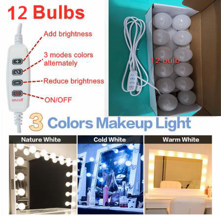 3 Kleuren Led Make-Up Spiegel Licht Dimmen Beauty Volledige Backlit Spiegel Usb Licht 2/4/6/8/10/12 Bollen Hollywood Make Up Lamp: 12 bulbs