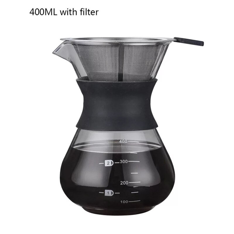 Värmebeständig kaffekanna i glas med filter i rostfritt stål handdroppskanna kafébryggare dela kanna barista häll över kaffebryggare: 400ml med filter