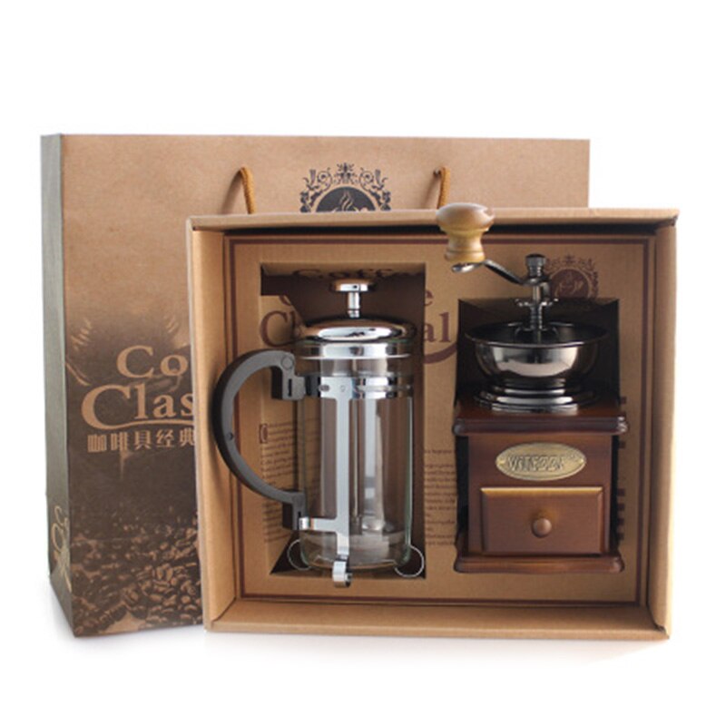 Grinder Press Pot Set Manual Coffee Grinder Coffee Maker Wooden Manual Grinders TI99