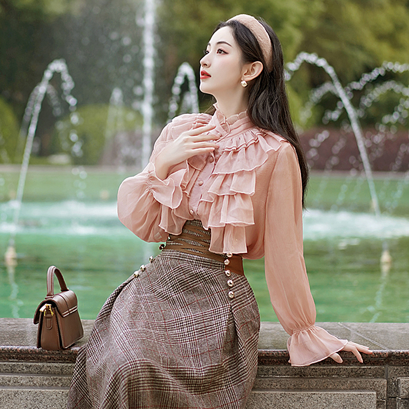 Bluse i engelsk stil med flæser til kvinder forår efterår langærmede toppe skjorter bluser dame