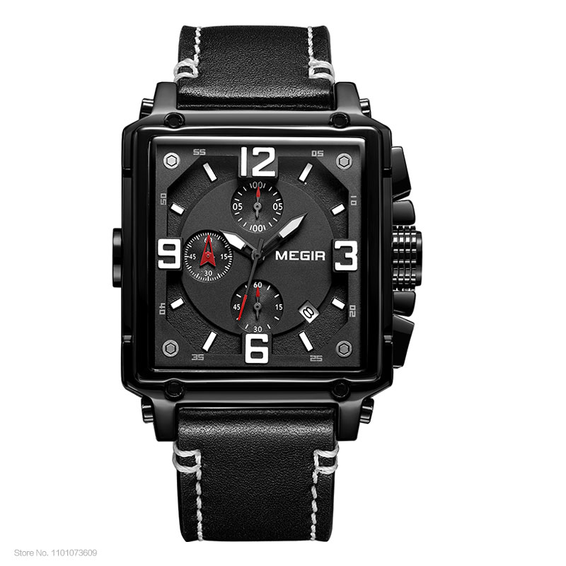 Megir herre firkantede quartz armbåndsur ur militær sports casual kronograf stopur læder relogios maskuline 2061 brun: Kaffe