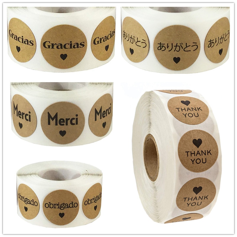 500pcs/roll 1Inch Thank You Round Sticker Kraft Paper French English Japanese Spanish Portuguese Merci Gracias Sticker Pack