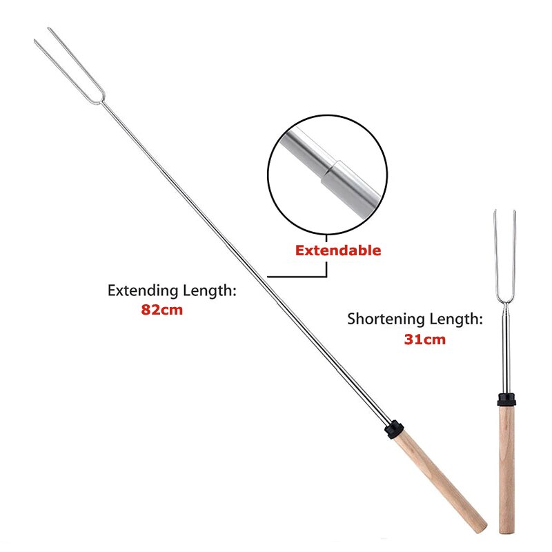 1Pc Bbq Vork Telescopische Barbecue Roosteren Vork Uitbreiding Dog Marshmallow Roosteren Stick Met Houten Handvat Kampvuur Bbq Gereedschap