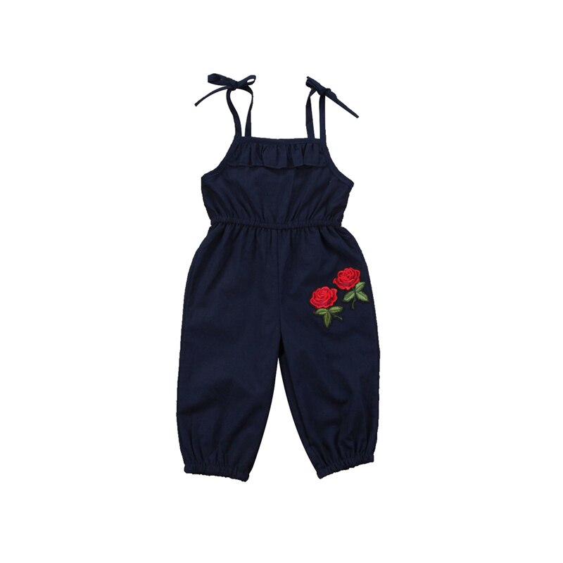 Afslappet lille barn baby piger ærmeløs off skulder blomsterprint blå elastisk talje overalls outfit sommerfest 1-6y