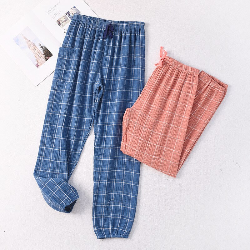 Women Crepe Gauze Home Pants Cotton Plaid Sleep Bottoms Womens Lounge Wear Plus Size Trousers Loose Sleep Wear with Pant