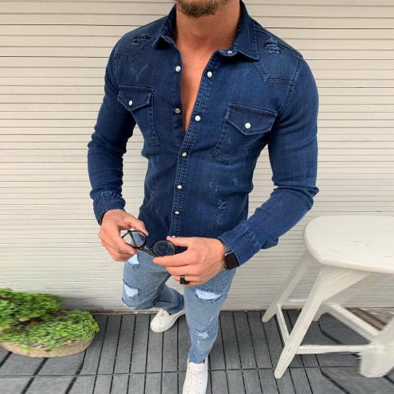 Menn vask denim jeans skjorte høst lange ermer skjorte casual slim denim topper eu str.