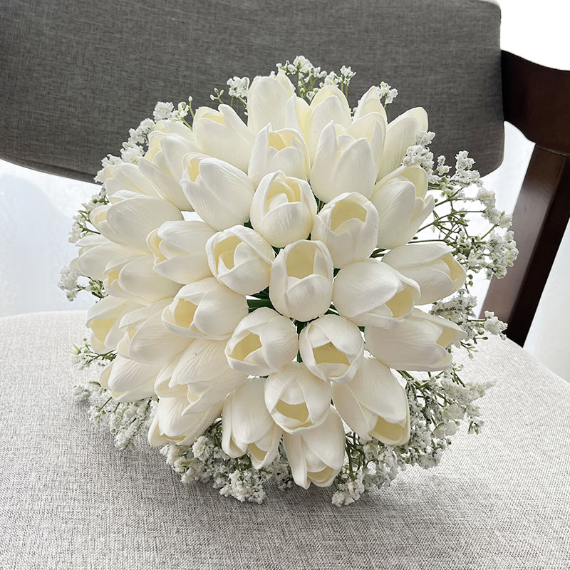 Ramo de novia, accesorios de boda, tulipanes, aliento del bebé, flores artificiales, ramo de novia, centro de mesa, decoración de aniversario