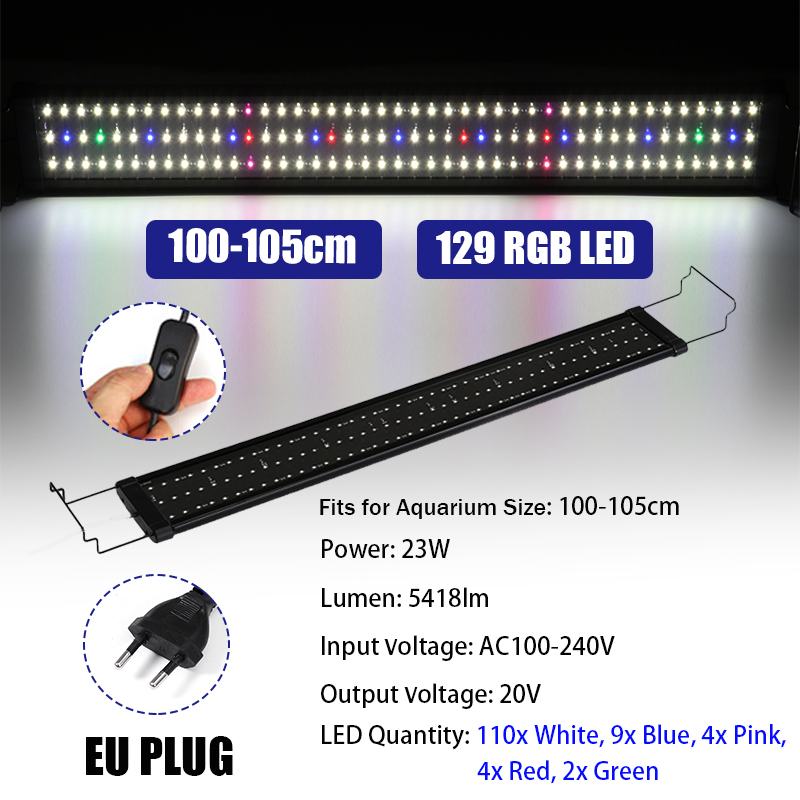 100-105cm 23W Aquarium LED Lighting Fish Tank Light with Extendable Brackets 129 LEDs Full Spectrum Plant Lamp AC100-240V: EU Plug
