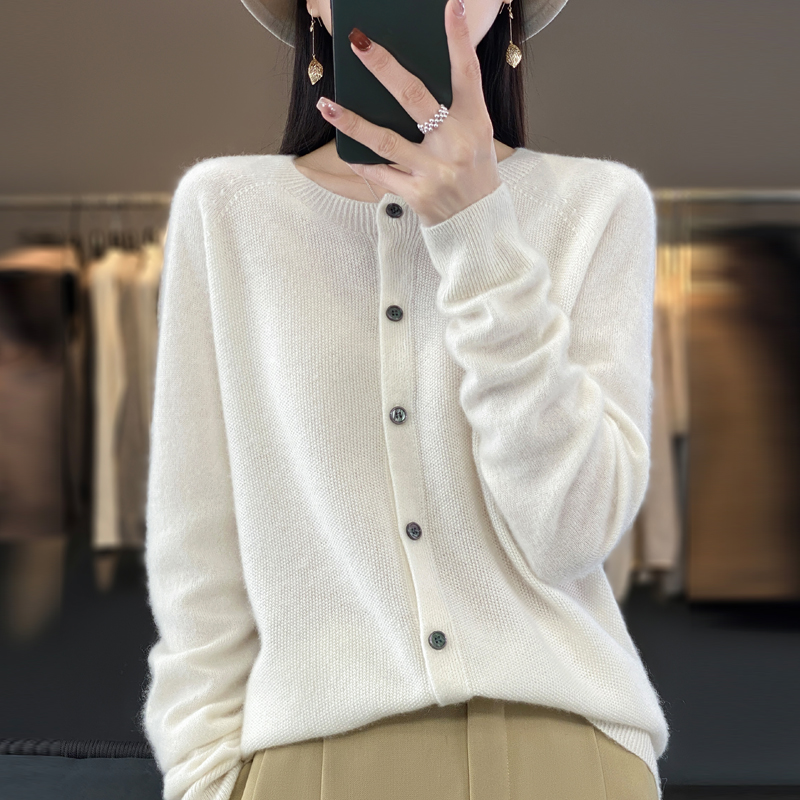 mujer 100% cárdigans de lana merina suéter de cachemira Otoño Invierno cuello redondo prendas de punto de manga larga ropa básica femenina Tops