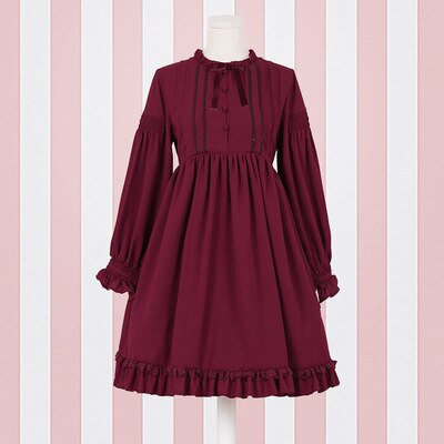 Lolita klänning söt söt puffärm japansk kawaii flickor prinsessa hembiträde vintage lös kvinnor op dress rosett rund krage: Färg 2 / S