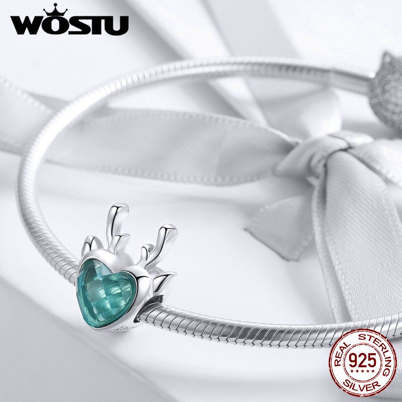 WOSTU 925 Sterling Silver Christmas Blue Elk Deer Bead Fit Charm Bracelet & Necklace Pendant Original Jewelry FIC1022