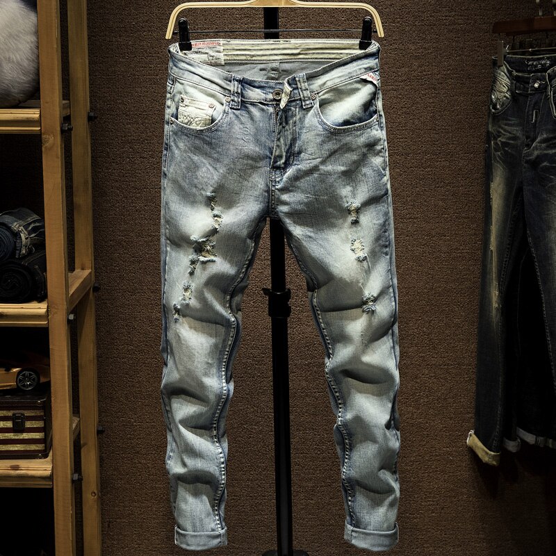 Jeans rasgados homens luz azul estiramento fino ajuste primavera e outono calças jeans angustiado streetwear biker calças de brim homem hip hop