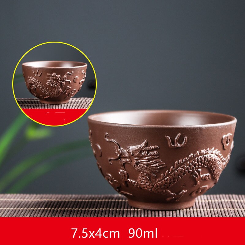 Yixing-tazas de té de arcilla púrpura de dragón tallado a mano, taza maestra china, suministros para beber para el hogar, 4 piezas: F