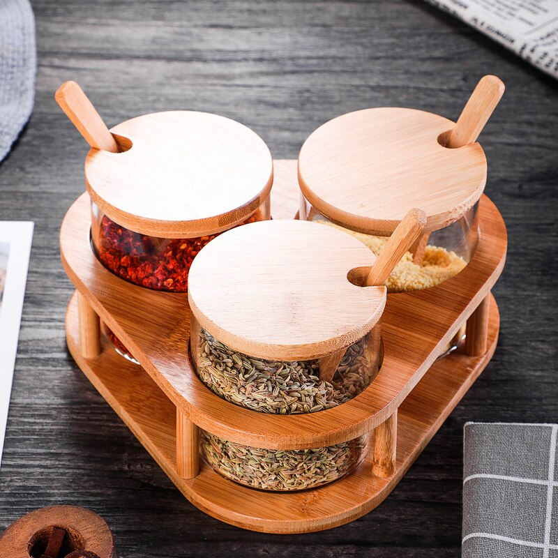 Juego de frascos de vidrio para condimentos con cuchara de bambú y cubierta de bambú, recipientes para condimentos y especias con etiqueta de especias
