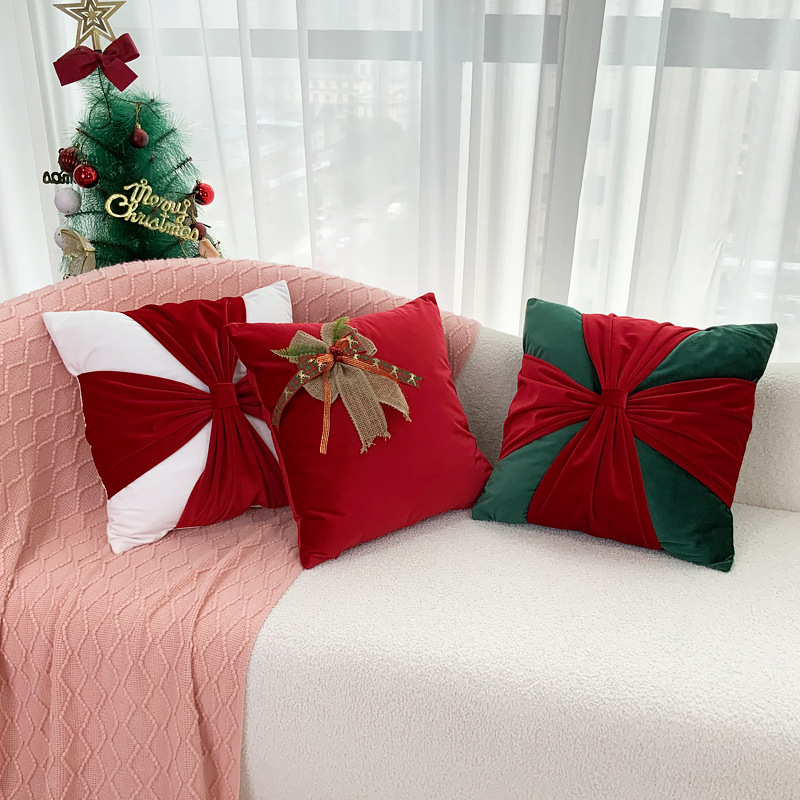 Christmas Decoration Throw Pillowcase Flannelette Bow Sofa Pillow Cover Living Room Decoration Cushion Cover 45X45