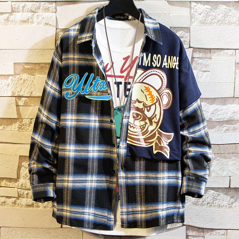 8xl 6xl 5xl 4xl høst menn langermet skjorte rutete tegneserietrykk menn streetwear skjorte uformelt Plus størrelse løse skjorter