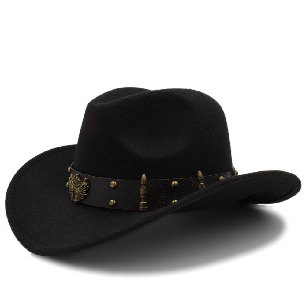 Wome Sombrero de lana negro Sombrero de Cowboy del oeste Jazz Sombrero de Hombre señora sombreros de vaquera tamaño 56-58 cm: Black