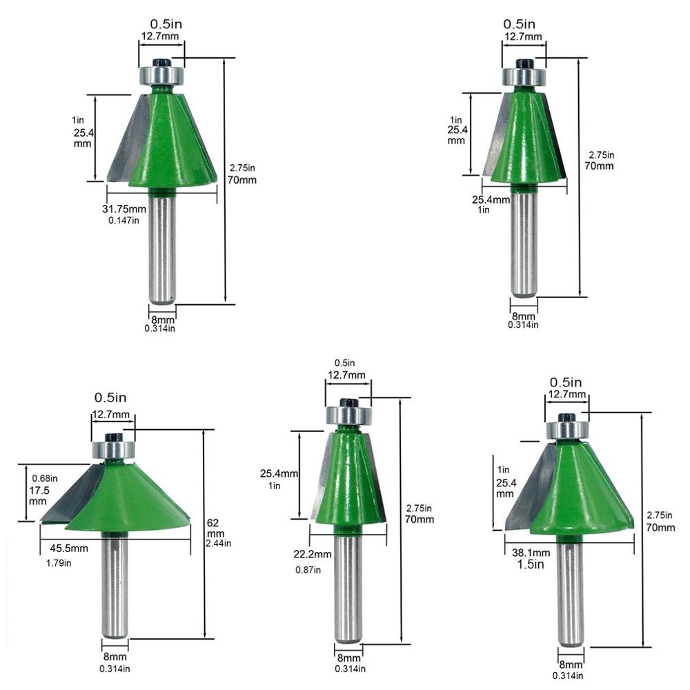 5pcs/set Shank Chamfer Router Bit Different Degrees Milling Cutter For Wood Woodworking Trimming Machine Tool