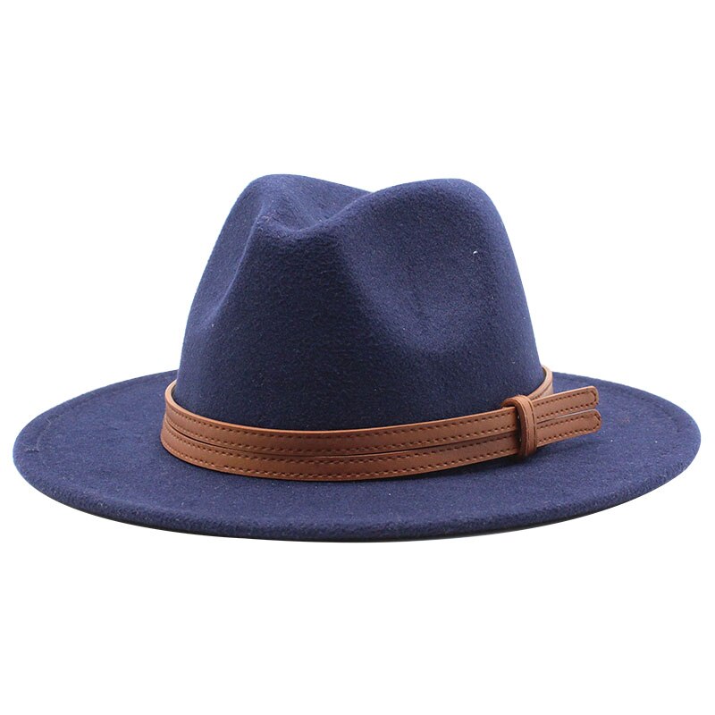 Chapeau fedora d'hiver en laine pour femme, casquette en feutre à large bord, chapeau trilby pour homme, panama, fête formelle, haut-de-forme, 19 couleurs: Marine