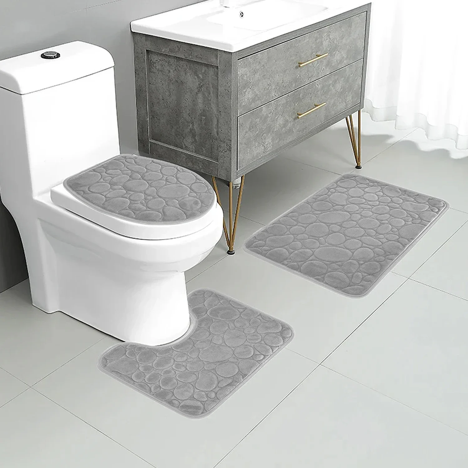 3PCS/Set Non-slip Soft Bath Mat Toilet Cover Carpet Cobblestone Embossed Floor Mat Bathroom Absorb Water Can Be Washed 욕실 매트