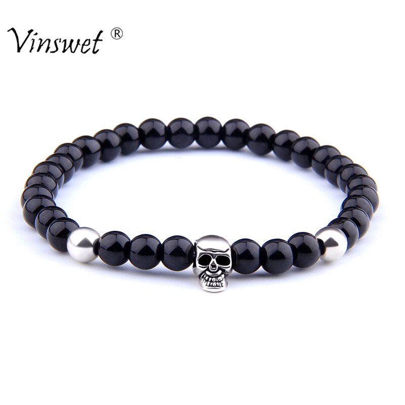 Männer Armbinde Natürliche 6 mm Schwarz Onyx Perlen Armbinde Für Frauen Jahrgang gotisch Elastische Schmuck Schädel Charme Pulseras Mujer