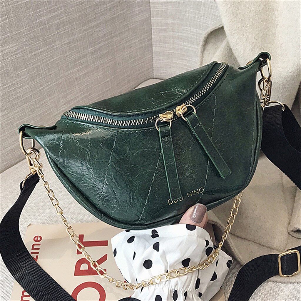 Frauen Gürtel Tasche Doppel Zip Gürtel Tasche Trend Leder Gürtel Schulter Tasche Bolsos Mujer De Marca Famosa # jsw: Green