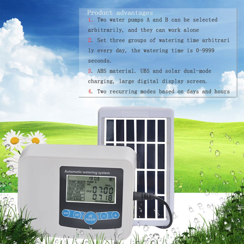 Solar Double Pump Watering Device Watering Timer Automatic Irrigation Water Timer Outdoor Garden Watering Timer Controller Tool