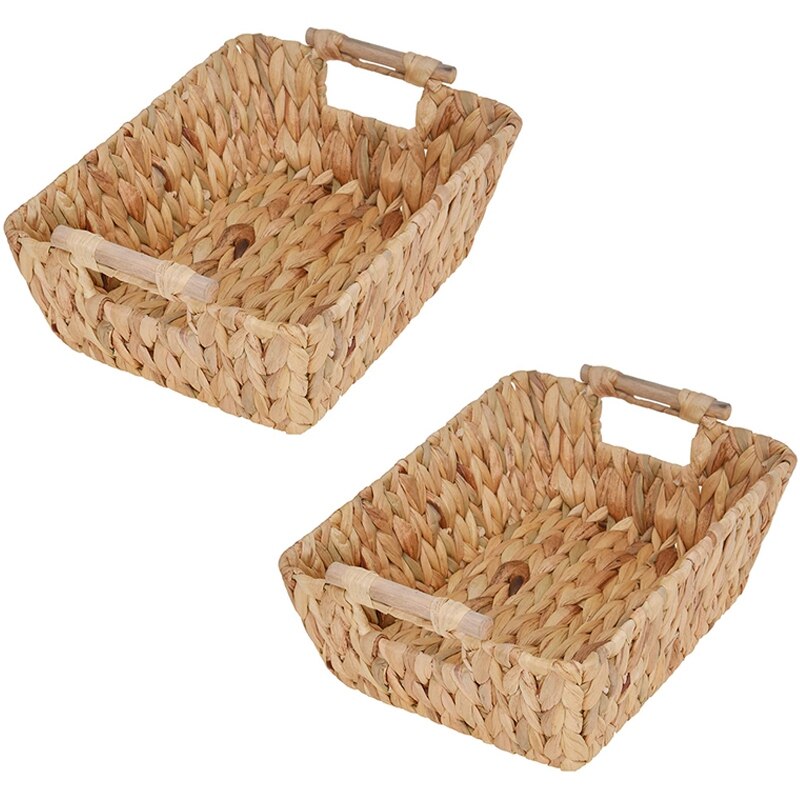 Hand-Woven Large Storage Baskets with Wooden Handles, Water Hyacinth Wicker Baskets for Organizing, Set of 2: Default Title