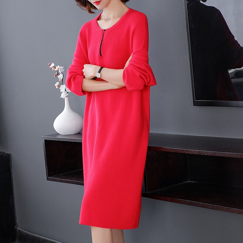 Korean style Women Long Sleeve Knitted Sweater Dresses Knitwear loose dress: Red / XL