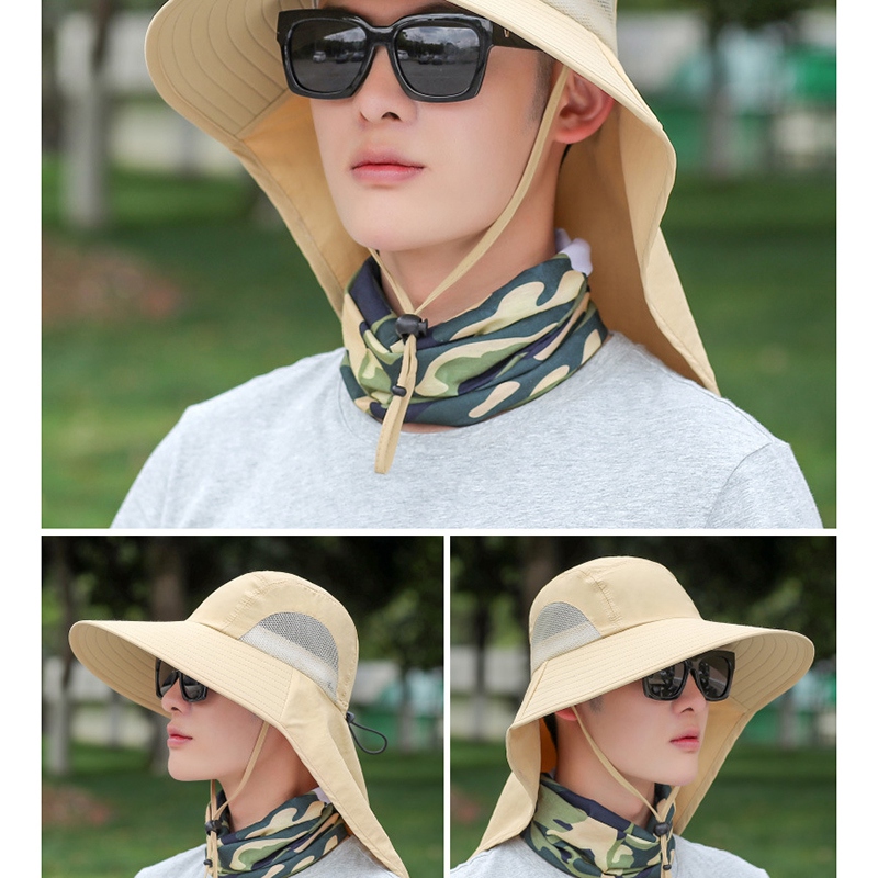 Men Wide Brim Sun Hat With Neck Flap Adjustable Chin Strap Breathable Mesh Side Accessory