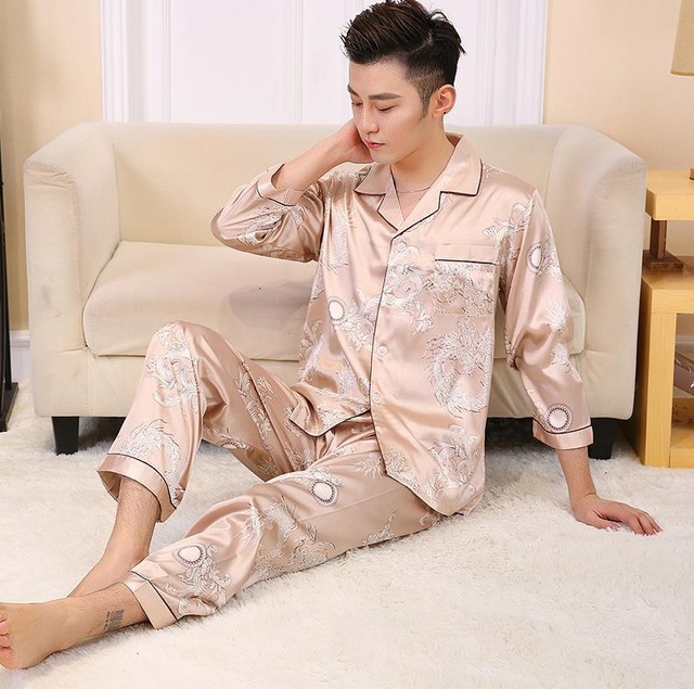 Men 2PCS Long Sleeve Shirt&amp;Pant Pajamas Rayon Casual Sleepwear Chinese Style Print Dragon Pyjamas Set Bathrobe L XL XXL: Beige / XXL